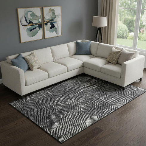 8' X 10' Black And Ivory Geometric Washable Area Rug With UV Protection