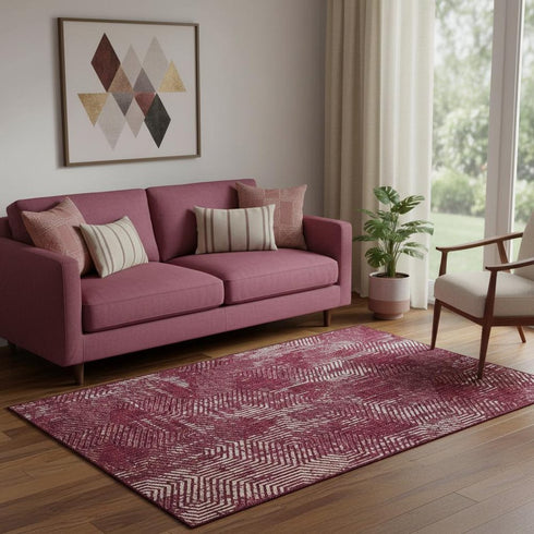 5' X 8' Burgundy And Ivory Geometric Washable Area Rug With UV Protection