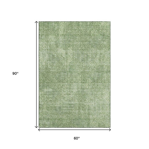 5' X 8' Green And Ivory Geometric Washable Area Rug With UV Protection
