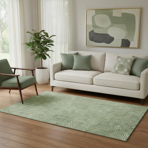 5' X 8' Green And Ivory Geometric Washable Area Rug With UV Protection