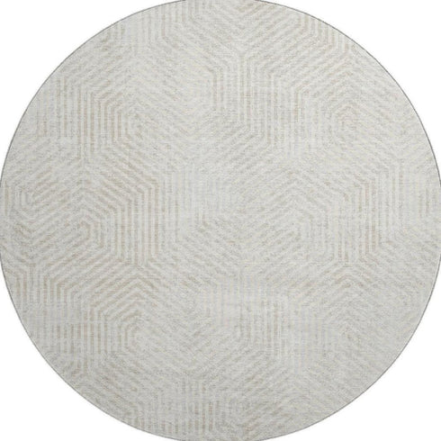 8' Ivory And Beige Geometric Washable Round Rug With UV Protection