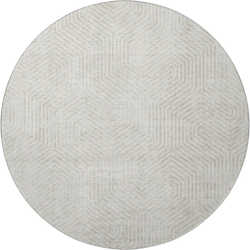 8' Ivory And Beige Geometric Washable Round Rug With UV Protection