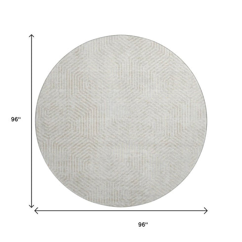 8' Ivory And Beige Geometric Washable Round Rug With UV Protection