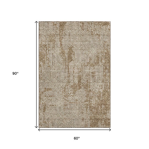 5' X 8' Coffee And Beige Geometric Washable Area Rug With UV Protection