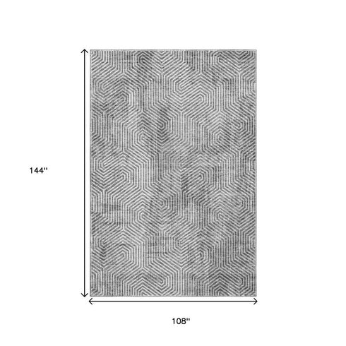 9' X 12' Silver And Gray Geometric Washable Area Rug With UV Protection
