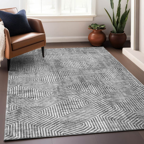9' X 12' Silver And Gray Geometric Washable Area Rug With UV Protection