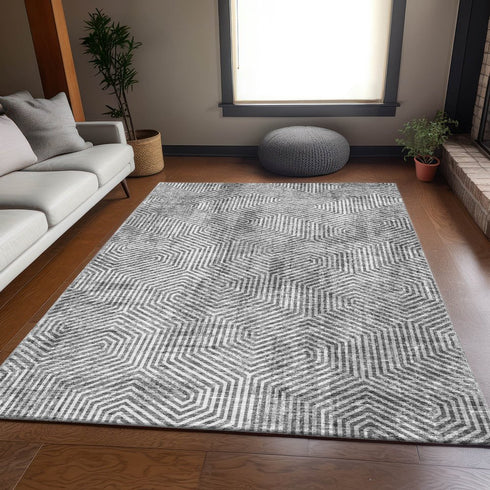9' X 12' Silver And Gray Geometric Washable Area Rug With UV Protection