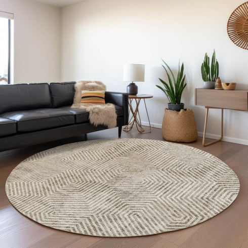 8' Taupe And Beige Geometric Washable Round Rug With UV Protection