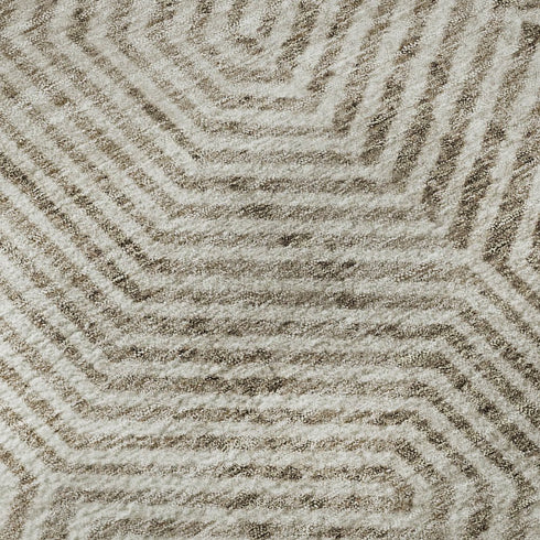 8' Taupe And Beige Geometric Washable Round Rug With UV Protection