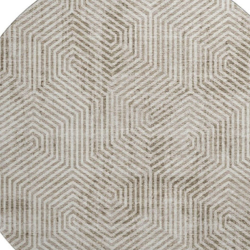 8' Taupe And Beige Geometric Washable Round Rug With UV Protection