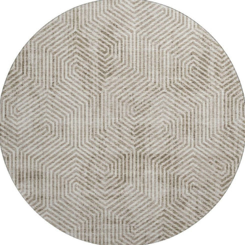 8' Taupe And Beige Geometric Washable Round Rug With UV Protection