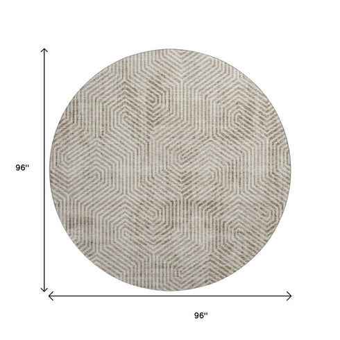 8' Taupe And Beige Geometric Washable Round Rug With UV Protection