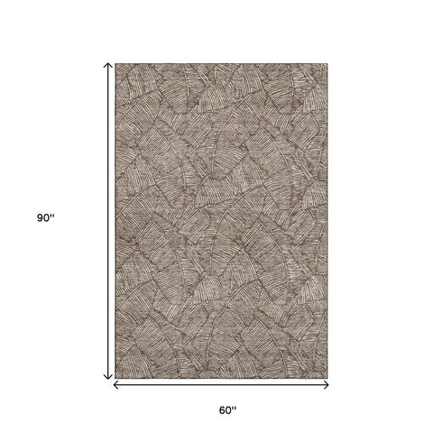 5' X 8' Brown And Beige Floral Washable Area Rug With UV Protection