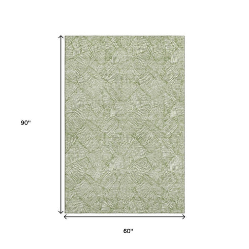 5' X 8' Green And Ivory Floral Washable Area Rug With UV Protection