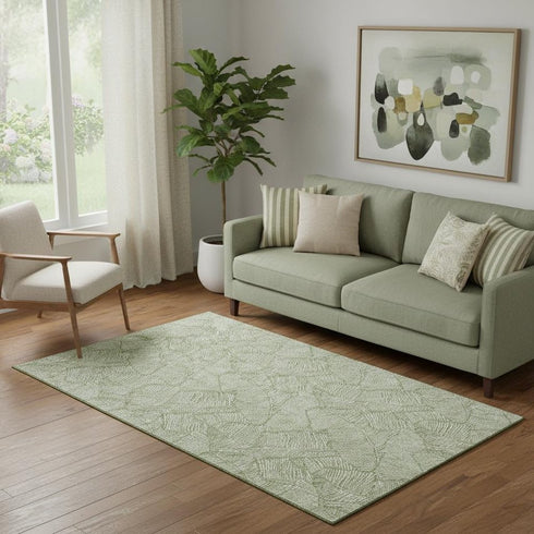 5' X 8' Green And Ivory Floral Washable Area Rug With UV Protection