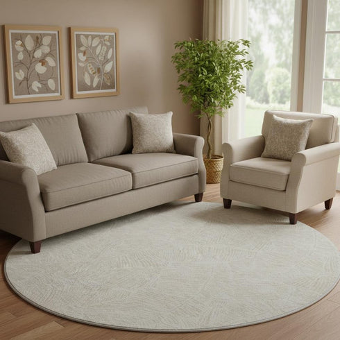 8' Ivory And Beige Floral Washable Round Rug With UV Protection