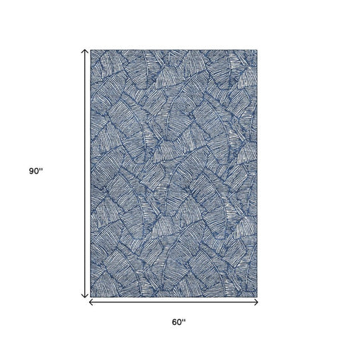5' X 8' Navy Blue And Ivory Floral Washable Area Rug With UV Protection