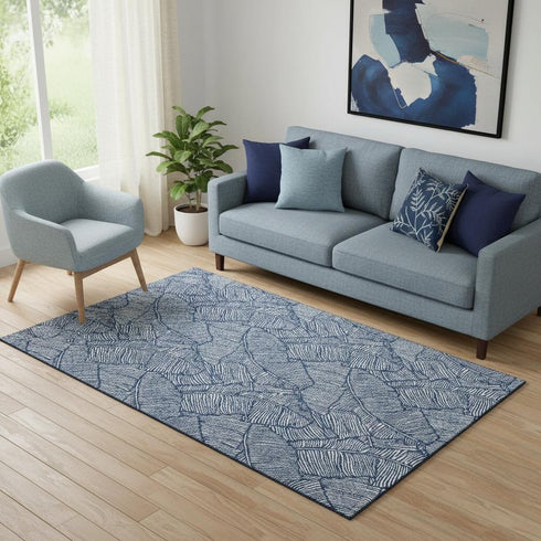 5' X 8' Navy Blue And Ivory Floral Washable Area Rug With UV Protection