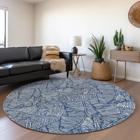 8' Navy Blue And Ivory Floral Washable Round Rug With UV Protection