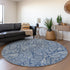 8' Navy Blue And Ivory Floral Washable Round Rug With UV Protection