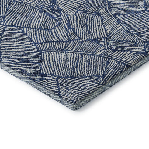 8' Navy Blue And Ivory Floral Washable Round Rug With UV Protection