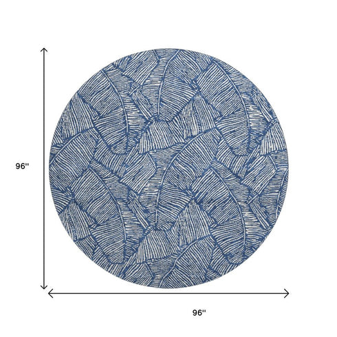 8' Navy Blue And Ivory Floral Washable Round Rug With UV Protection