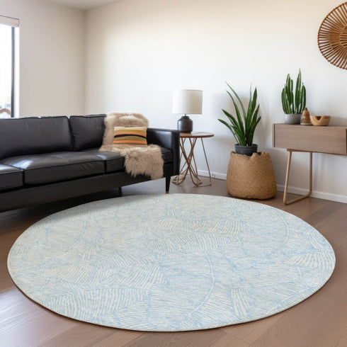 8' Sky Blue And Ivory Floral Washable Round Rug With UV Protection