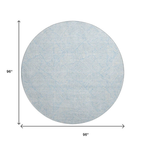8' Sky Blue And Ivory Floral Washable Round Rug With UV Protection