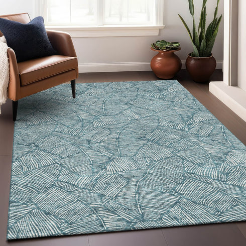5' X 8' Teal And Ivory Floral Washable Area Rug With UV Protection