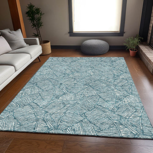 5' X 8' Teal And Ivory Floral Washable Area Rug With UV Protection
