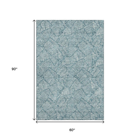 5' X 8' Teal And Ivory Floral Washable Area Rug With UV Protection