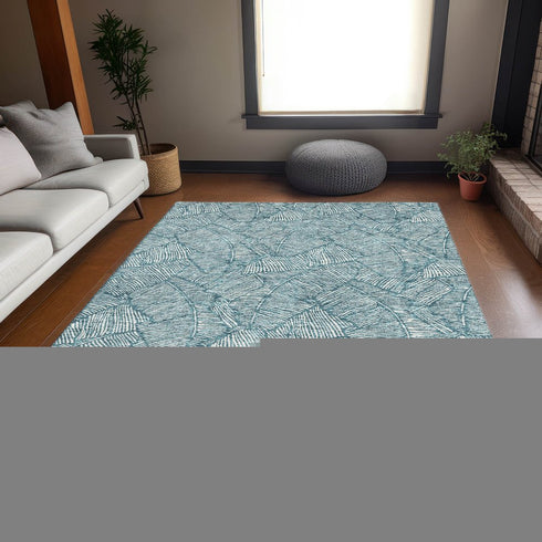 9' X 12' Teal And Ivory Floral Washable Area Rug With UV Protection