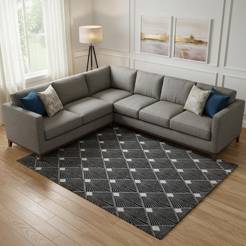 8' X 10' Black And Ivory Abstract Geometric Washable Area Rug With UV Protection