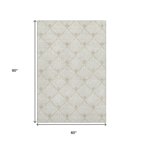 5' X 8' Ivory And Beige Abstract Geometric Washable Area Rug With UV Protection