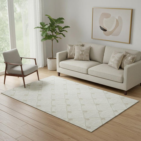 5' X 8' Ivory And Beige Abstract Geometric Washable Area Rug With UV Protection