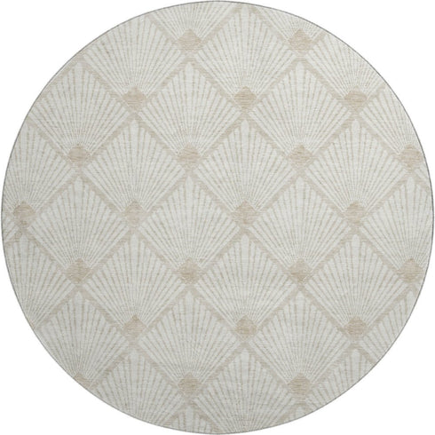 8' Ivory And Beige Abstract Geometric Washable Round Rug With UV Protection