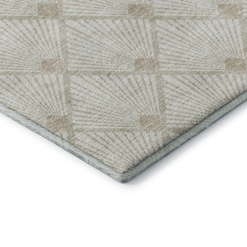 8' Ivory And Beige Abstract Geometric Washable Round Rug With UV Protection
