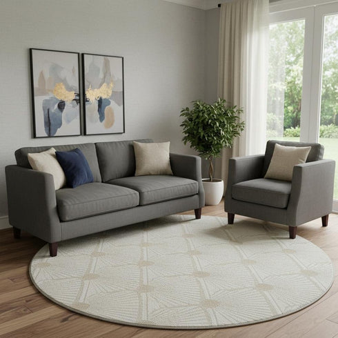 8' Ivory And Beige Abstract Geometric Washable Round Rug With UV Protection