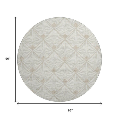 8' Ivory And Beige Abstract Geometric Washable Round Rug With UV Protection