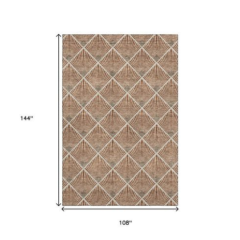 9' X 12' Rust And Beige Abstract Geometric Washable Area Rug With UV Protection