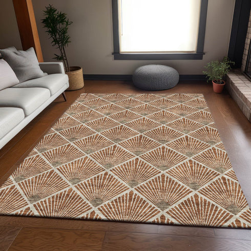 9' X 12' Rust And Beige Abstract Geometric Washable Area Rug With UV Protection