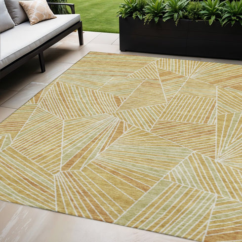 5' X 8' Gold And Beige Geometric Washable Area Rug With UV Protection