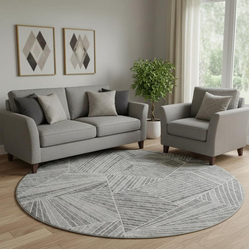 8' Gray And Silver Geometric Washable Round Rug With UV Protection