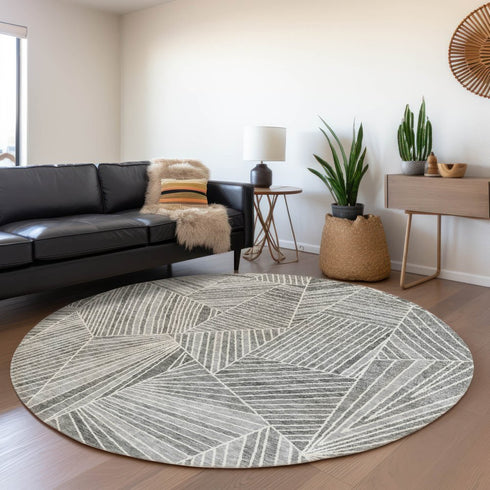 8' Gray And Silver Geometric Washable Round Rug With UV Protection
