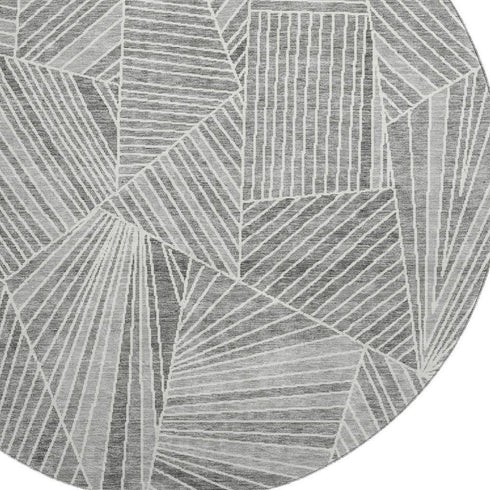 8' Gray And Silver Geometric Washable Round Rug With UV Protection