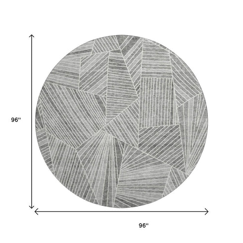 8' Gray And Silver Geometric Washable Round Rug With UV Protection