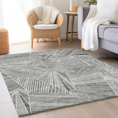 8' X 10' Gray And Silver Geometric Washable Area Rug With UV Protection