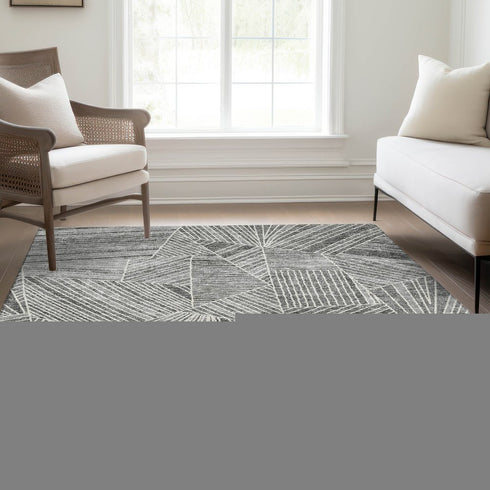 8' X 10' Gray And Silver Geometric Washable Area Rug With UV Protection