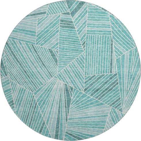 8' Teal And Ivory Geometric Washable Round Rug With UV Protection