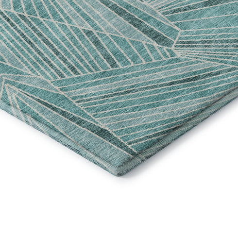 8' Teal And Ivory Geometric Washable Round Rug With UV Protection